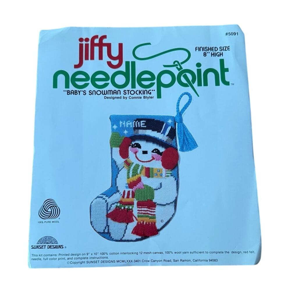 Jiffy Needlepoint Embroidery Baby Snowman Christmas Stocking 8" Sunset Designs